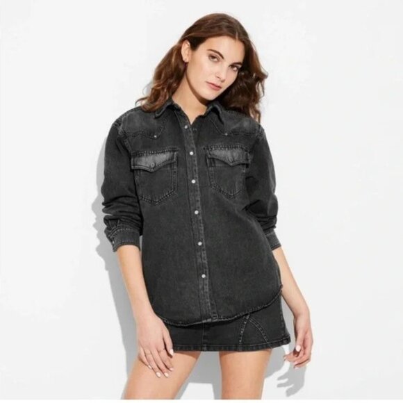NWOT Wild Fable Women's Size XS Black Oversized L-Sleeve Button-Up Denim Jacket - Picture 1 of 11